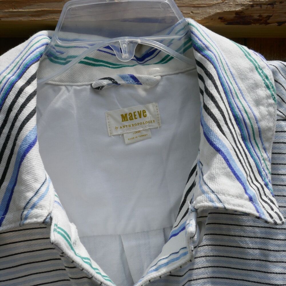 Anthropologie Maeve Striped Shirt Jacket Shacket Cotton Spandex Pocket Large - Picture 8 of 8
